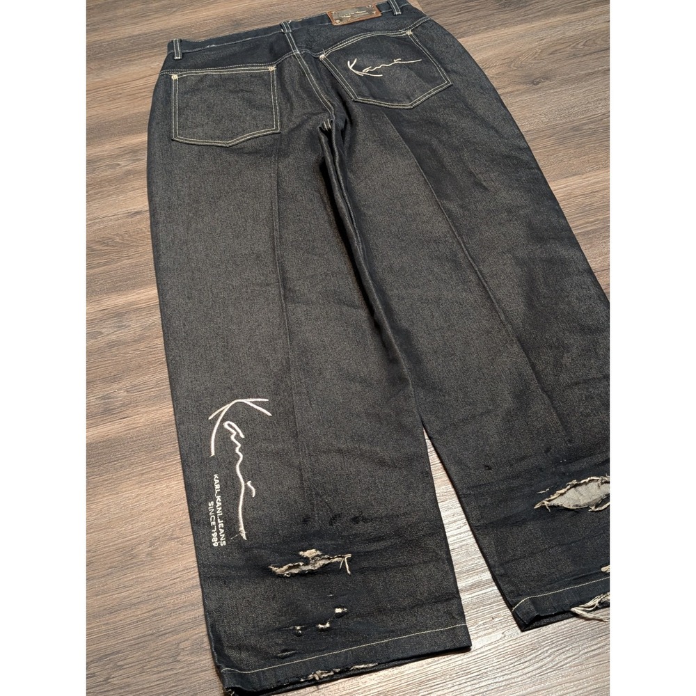 Karl Kani Baggy Barrel Jeans‎ Dark Wash Black Distressed 38x32 Y2K Streetwear
